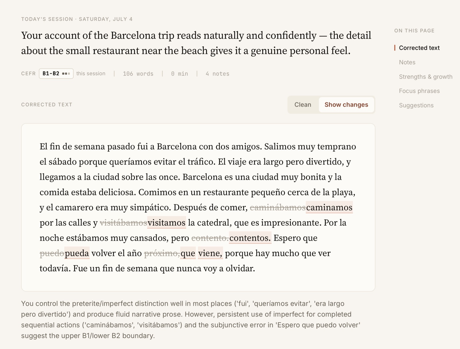 A real Fluency Write session: a Spanish account of a Barcelona trip marked up word by word with corrections, a CEFR B1–B2 level for the session, and a strengths note.